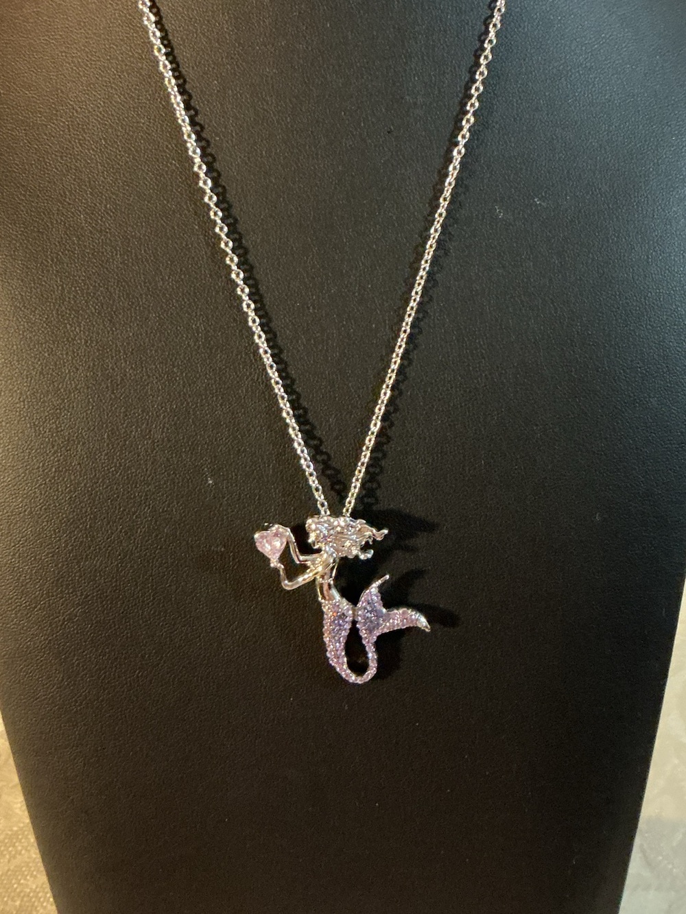 Mermaid Heart Purple Rhinestone Silver Tone Pendant Necklace